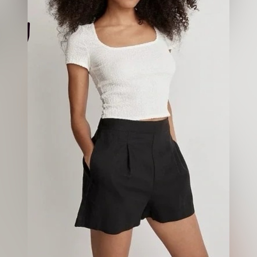 Madewell Clean Pull-On Shorts Linen-Cotton‎ in Black Coal Flat Front NWT Sz S